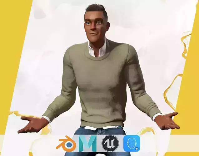 Cartoon Casual Man in Jeans and Sweater HQ Low-poly 3D model