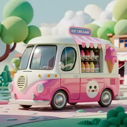 Cute Retro Ice Cream Truck 3D Model