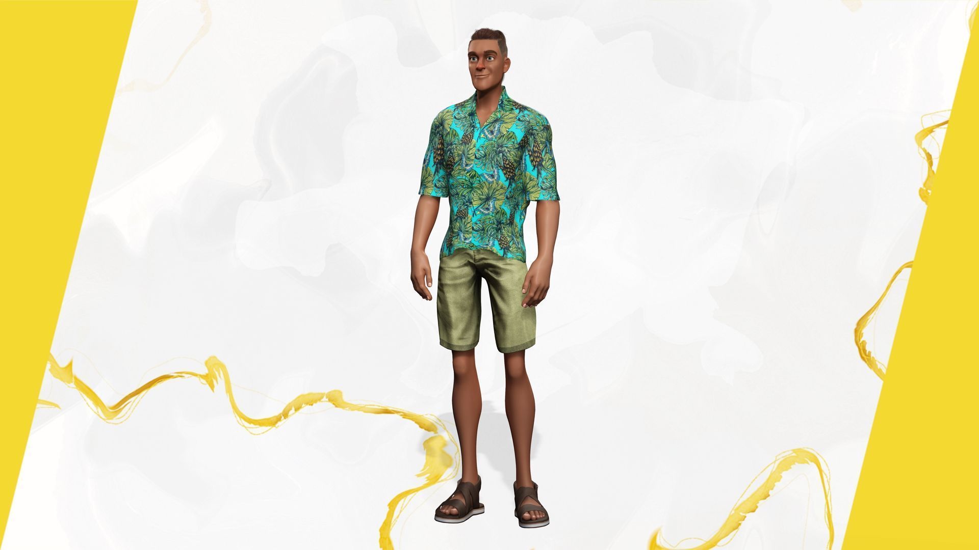 Cartoon Man in Tropical Shirt and Sandals Low-poly 3D model_11