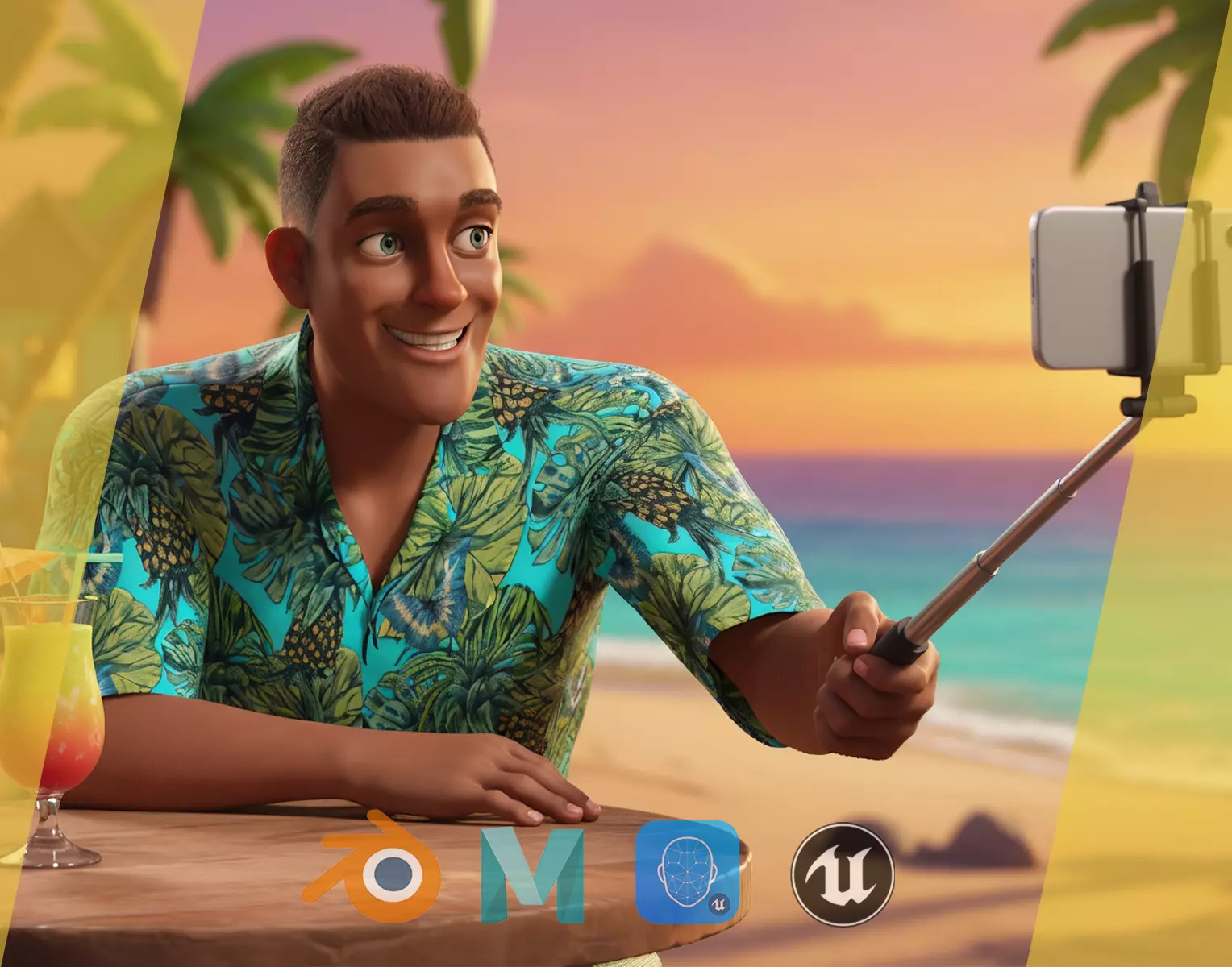 Cartoon Man in Tropical Shirt and Sandals Low-poly 3D model_0