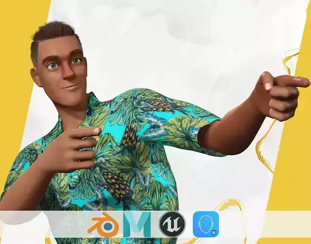 Cartoon Man in Tropical Shirt and Sandals Low-poly 3D model