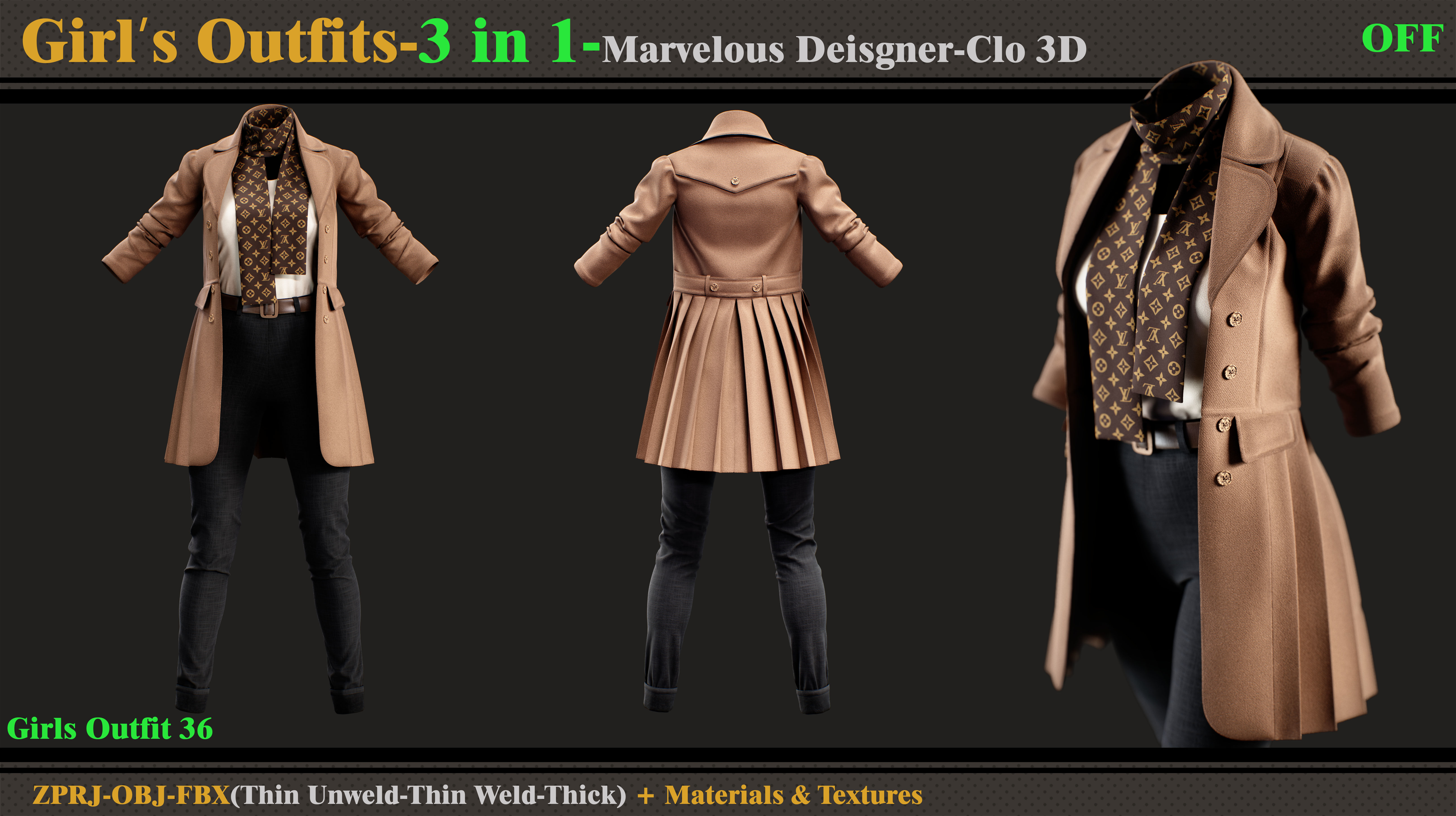3 in 1 Girls Outfits- MD-Clo3d-OBJ-FBX-Materials-Textures 3D model_3