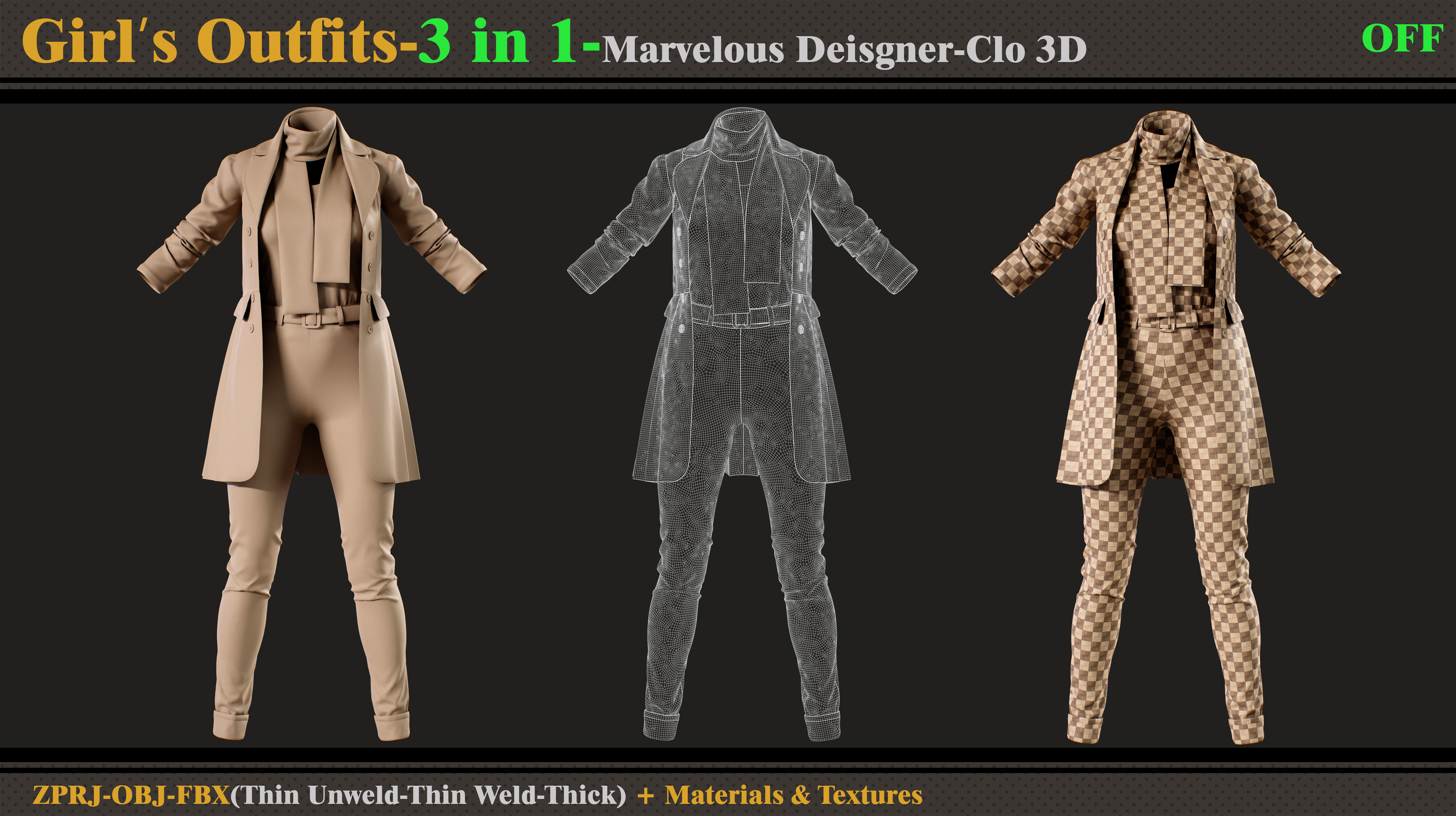 3 in 1 Girls Outfits- MD-Clo3d-OBJ-FBX-Materials-Textures 3D model_6