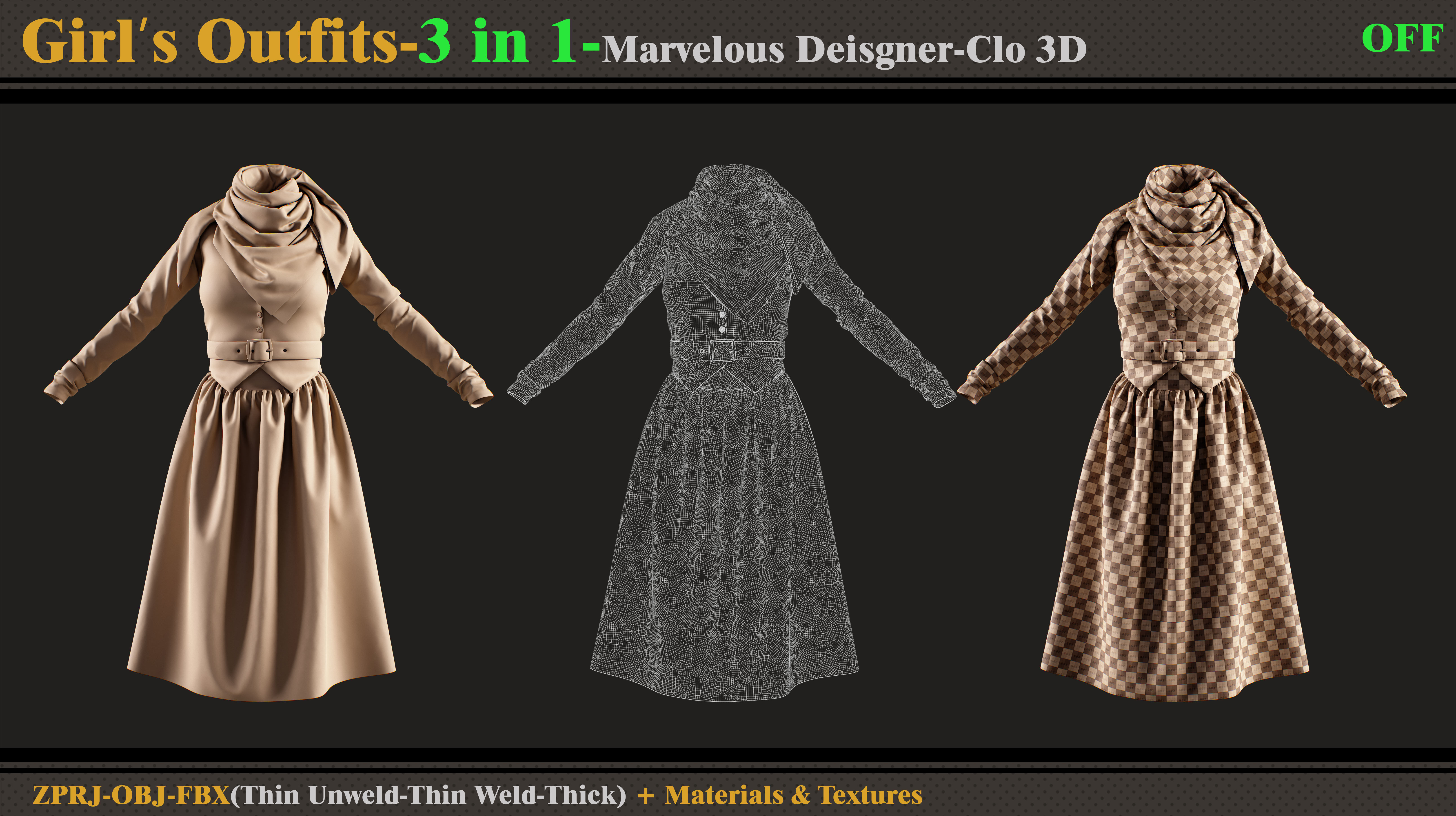 3 in 1 Girls Outfits- MD-Clo3d-OBJ-FBX-Materials-Textures 3D model_4