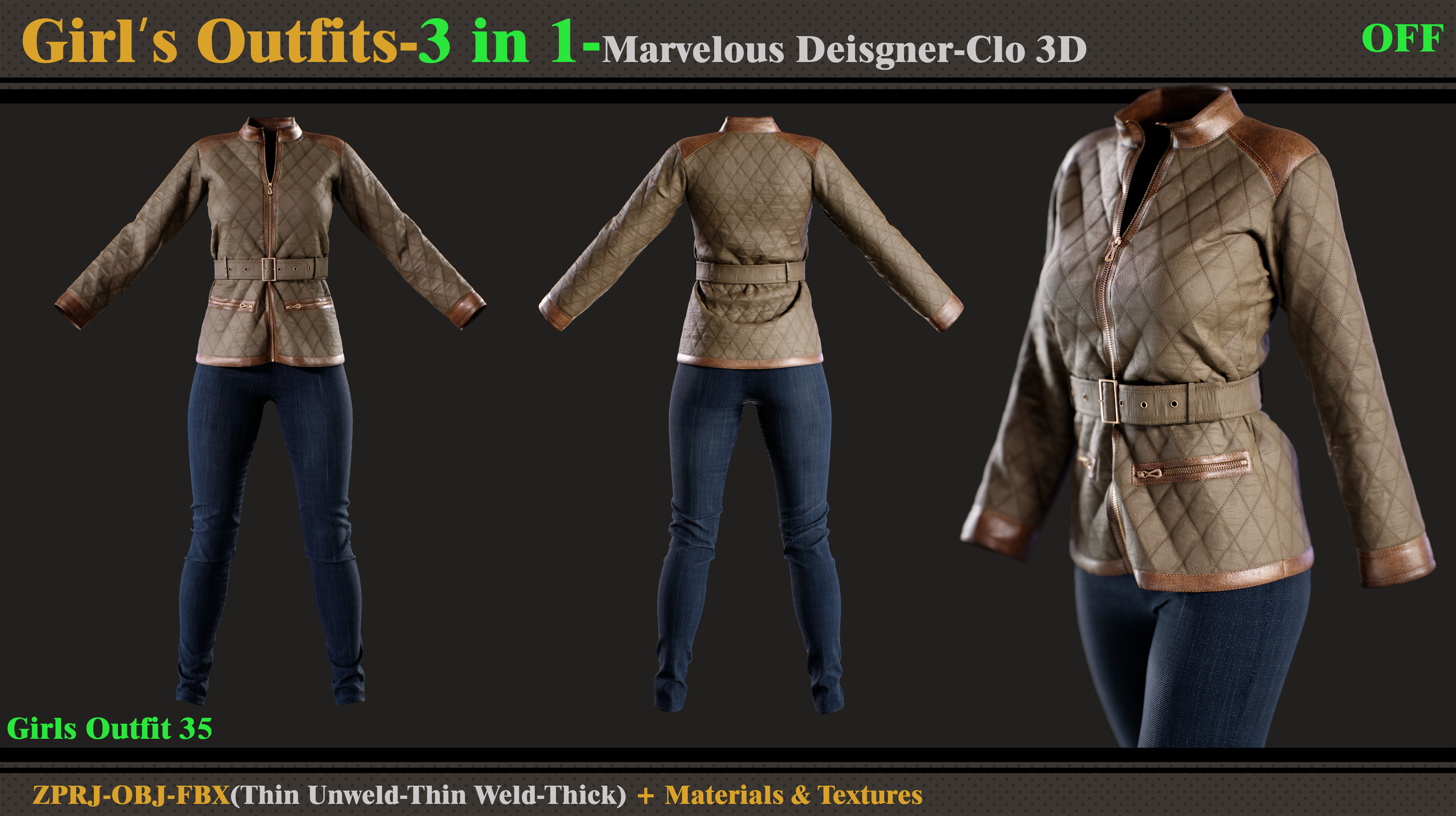 3 in 1 Girls Outfits- MD-Clo3d-OBJ-FBX-Materials-Textures 3D model_2
