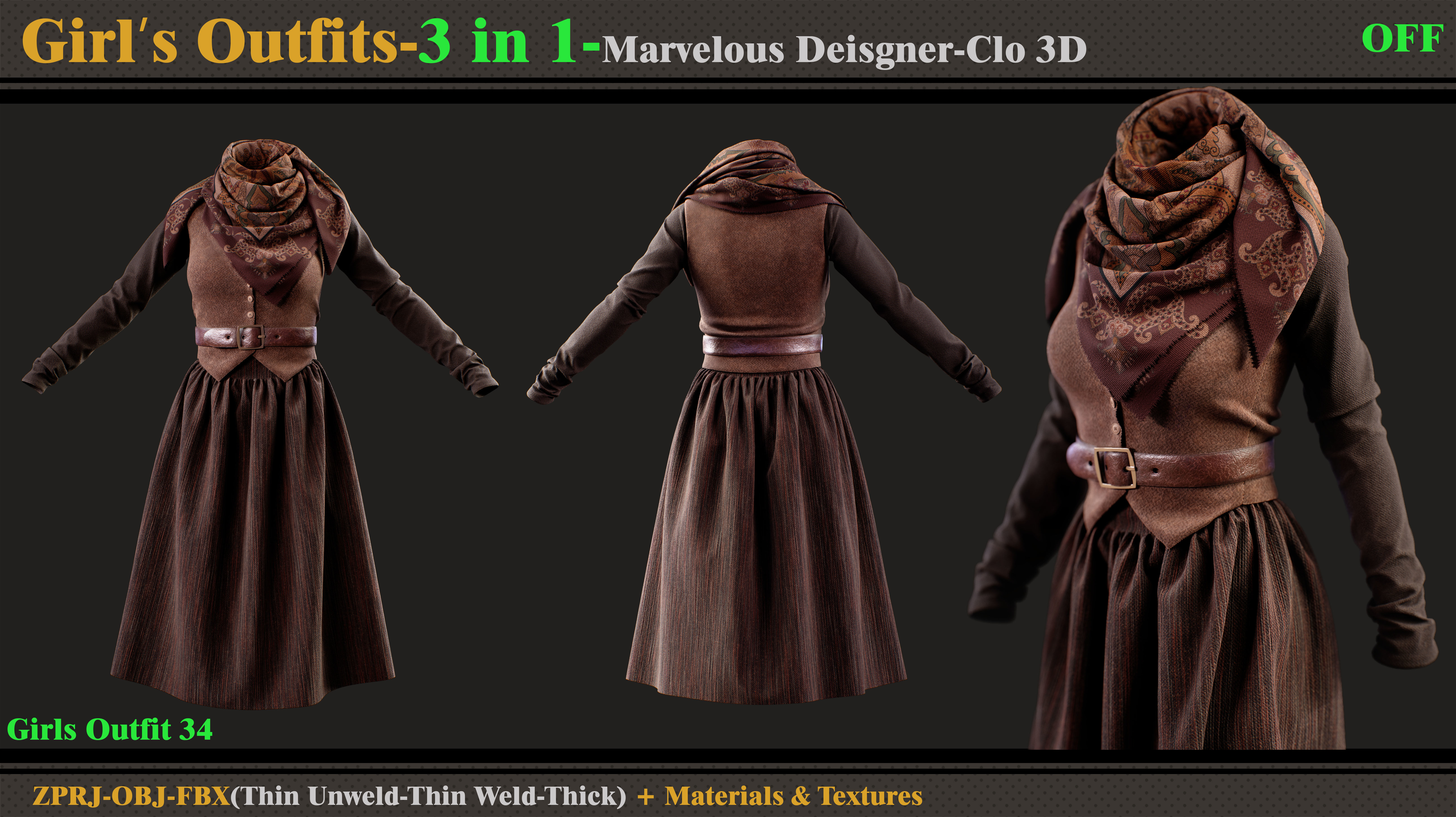 3 in 1 Girls Outfits- MD-Clo3d-OBJ-FBX-Materials-Textures 3D model_1