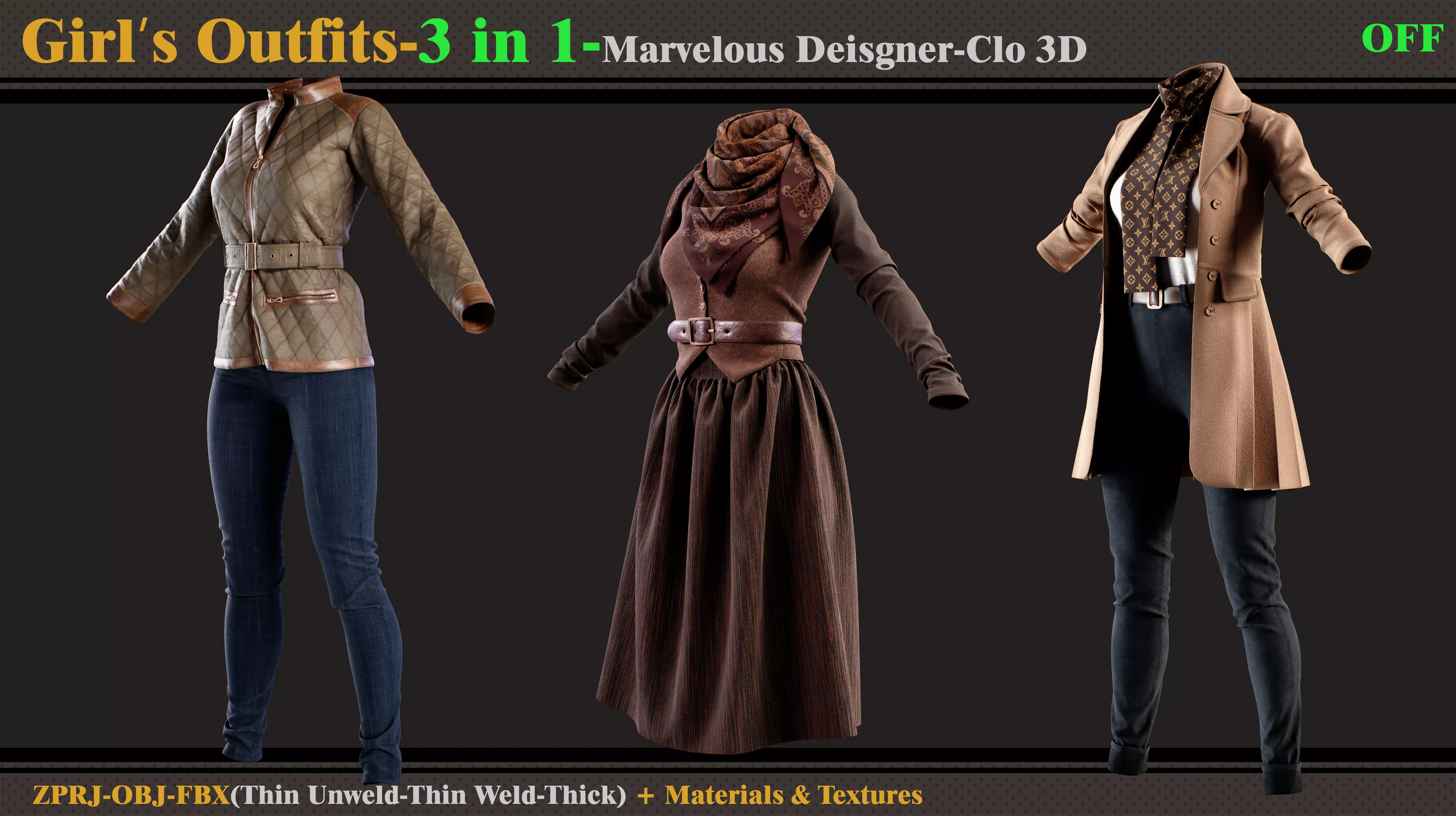 3 in 1 Girls Outfits- MD-Clo3d-OBJ-FBX-Materials-Textures 3D model_0