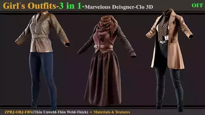 3 in 1 Girls Outfits- MD-Clo3d-OBJ-FBX-Materials-Textures 3D model