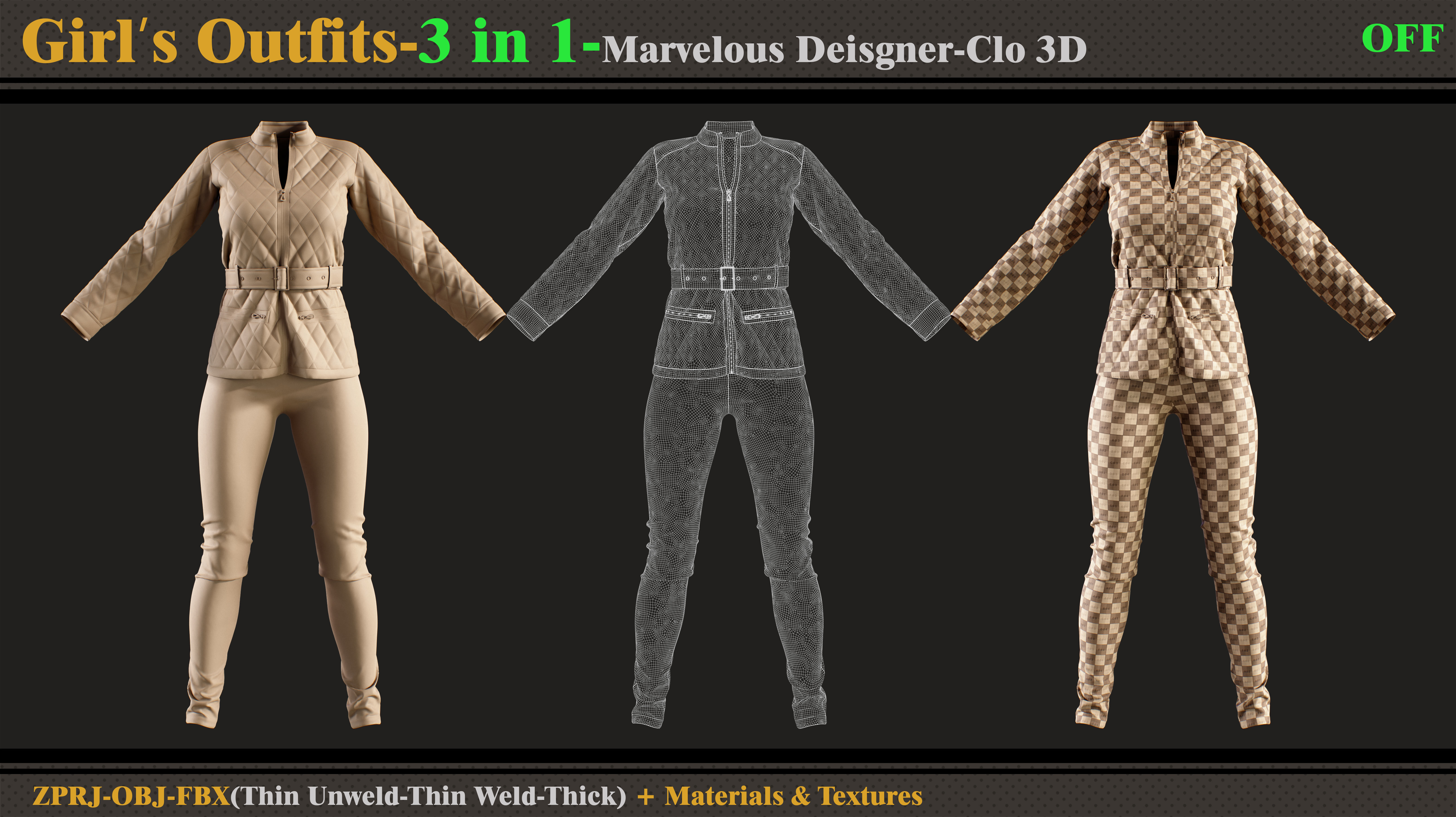 3 in 1 Girls Outfits- MD-Clo3d-OBJ-FBX-Materials-Textures 3D model_5