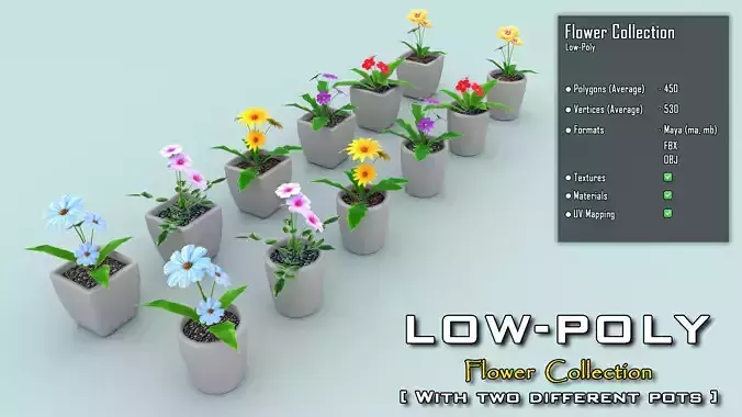 6 low poly flowers collection 01 with two different pots