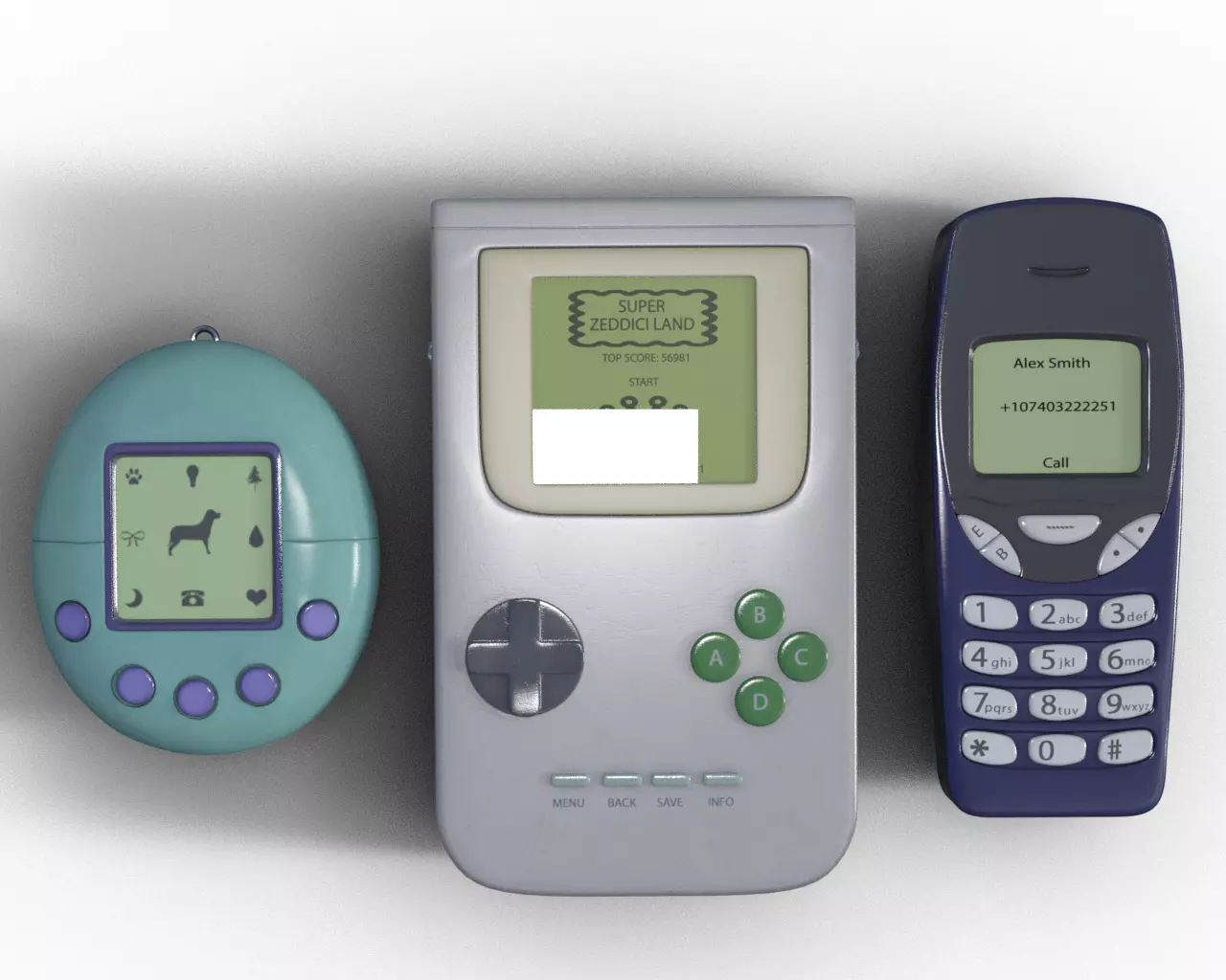 Old 90s Gadgets Mobile Phone Hand Held Gaming Device Digital Pet Low-poly 3D model_0