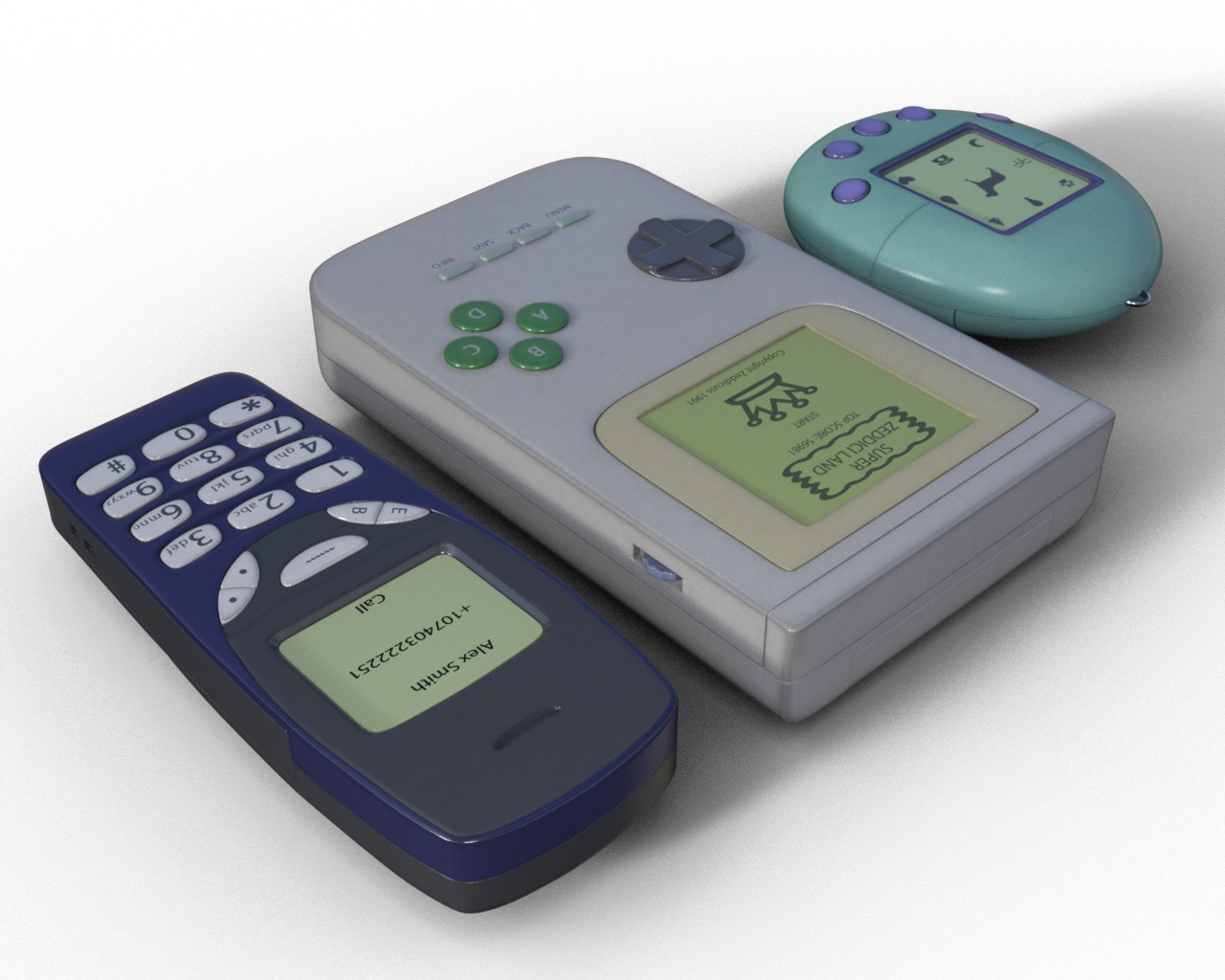 Old 90s Gadgets Mobile Phone Hand Held Gaming Device Digital Pet Low-poly 3D model_9