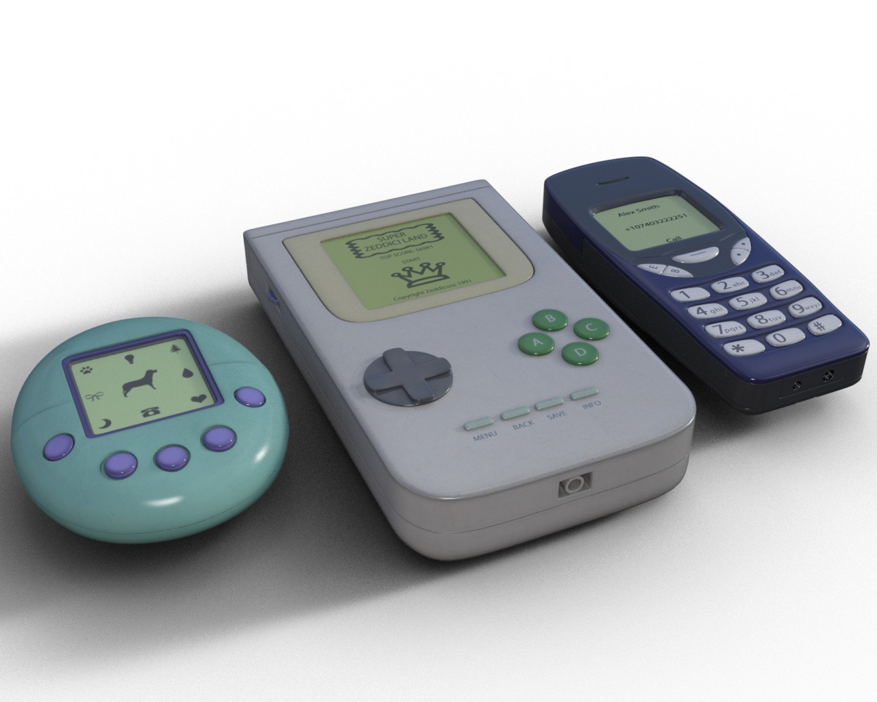 Old 90s Gadgets Mobile Phone Hand Held Gaming Device Digital Pet Low-poly 3D model_4