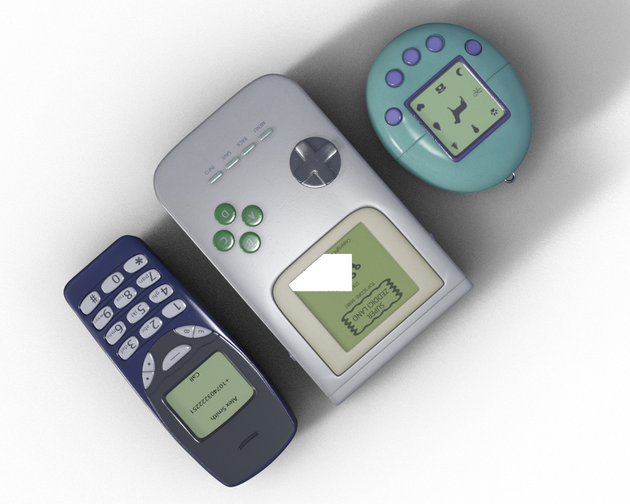 Old 90s Gadgets Mobile Phone Hand Held Gaming Device Digital Pet Low-poly 3D model_10