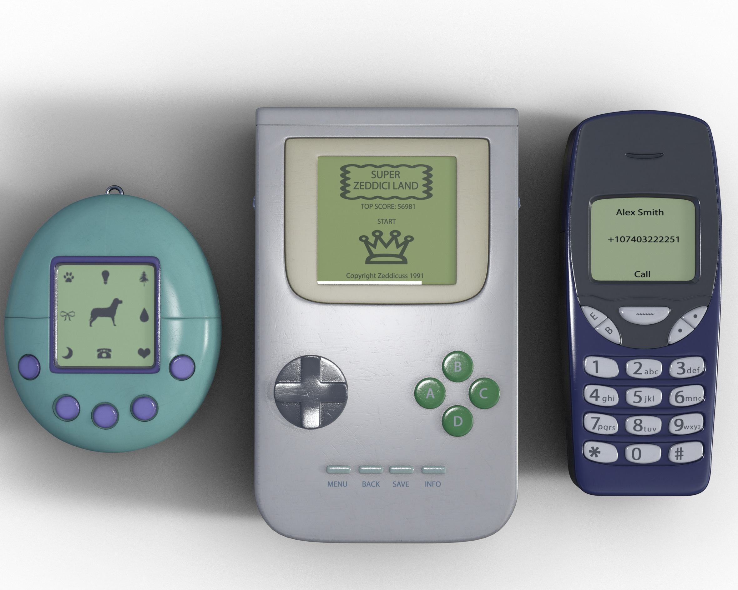 Old 90s Gadgets Mobile Phone Hand Held Gaming Device Digital Pet Low-poly 3D model_5