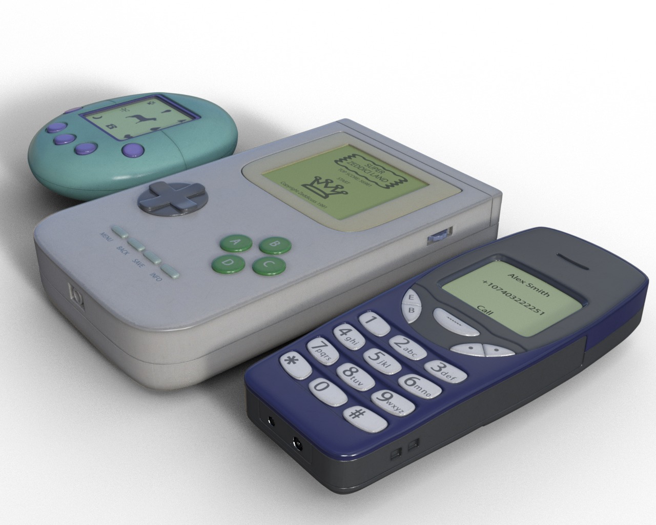 Old 90s Gadgets Mobile Phone Hand Held Gaming Device Digital Pet Low-poly 3D model_8