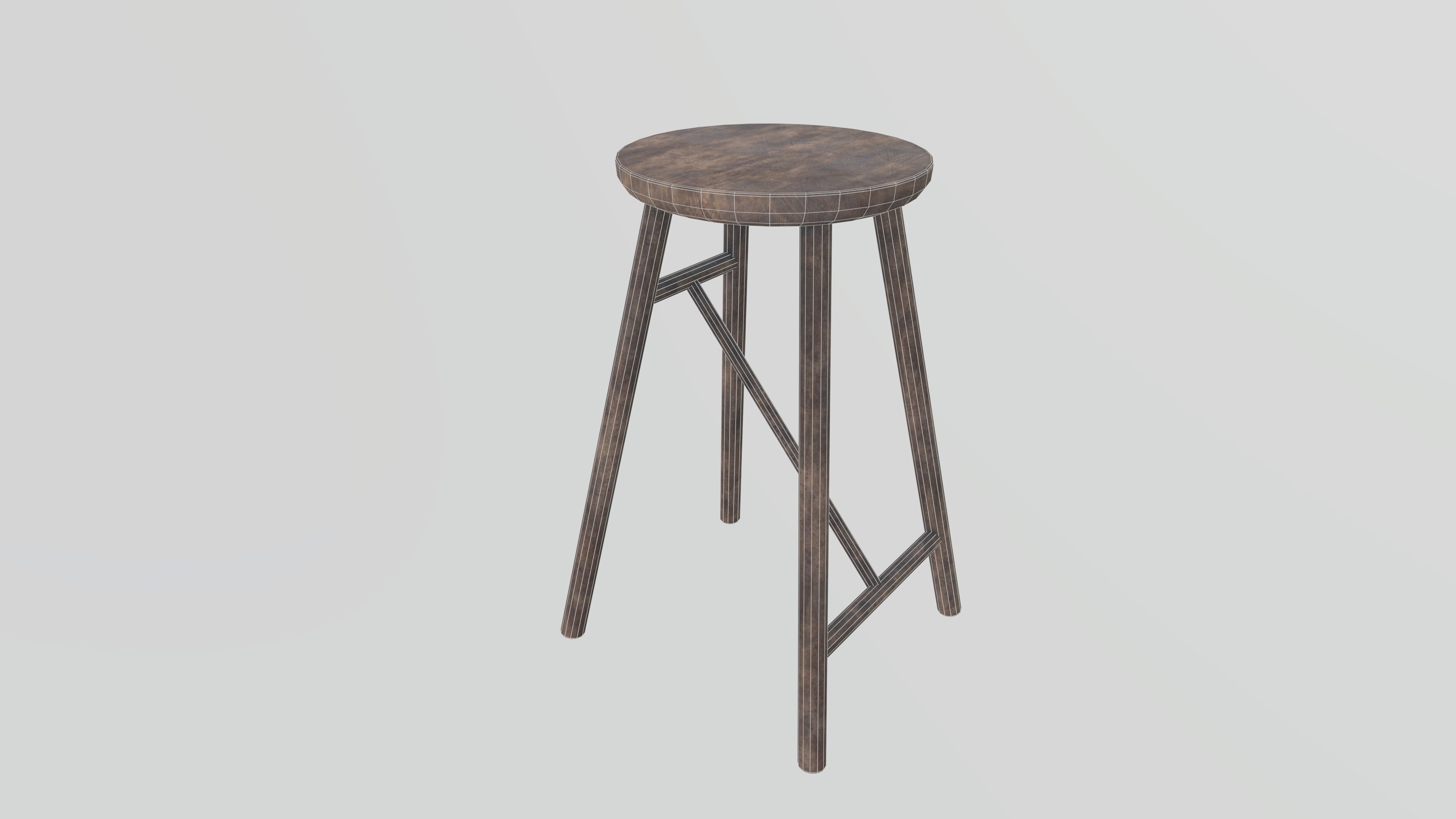 Old Wooden Stool Low-poly 3D model_5