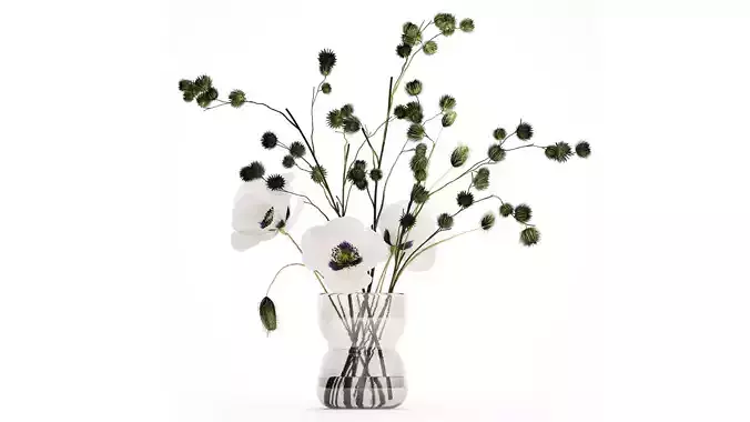 Bouquet Of White Wild Flowers Poppy Thistle Vase 457