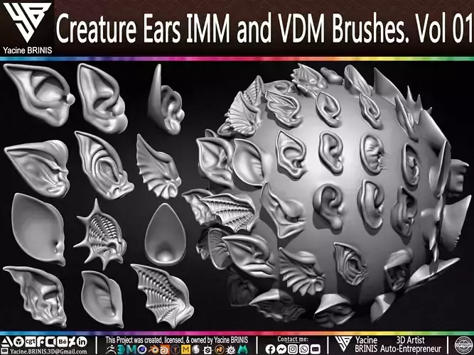 Creature Ears IMM and VDM Brushes Volume 01 Low-poly 3D model
