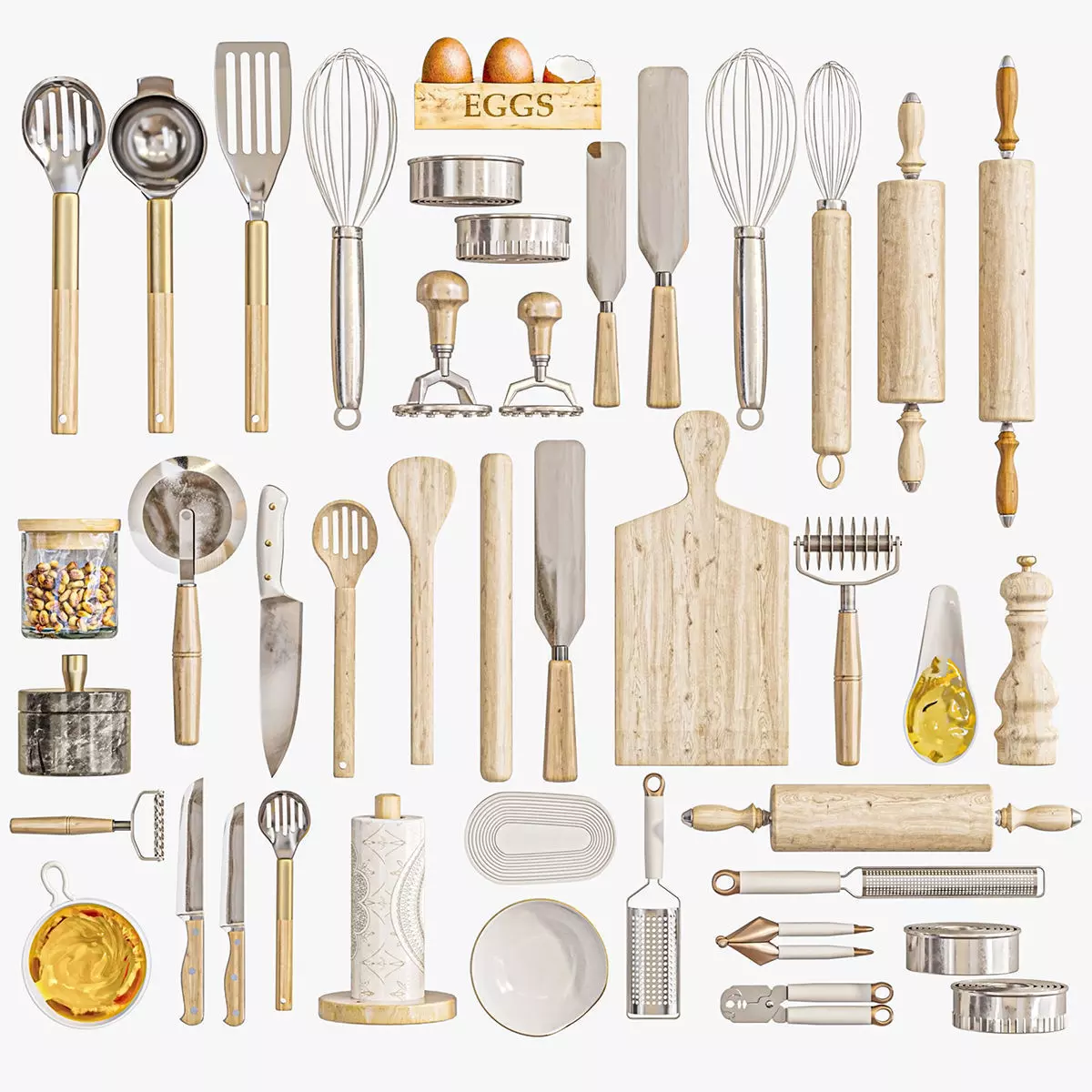 Set of kitchen utensils with spices for kitchen or restaurant 3D model