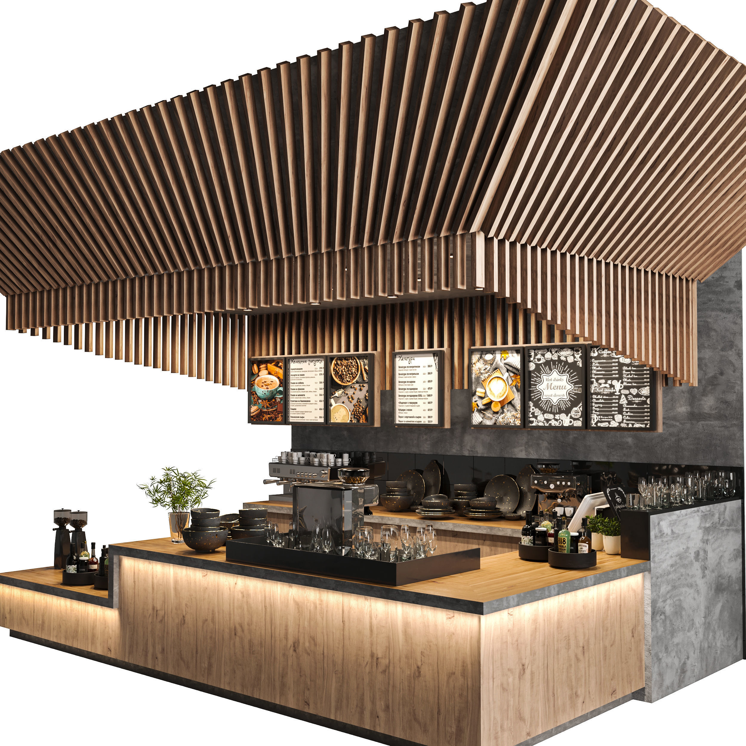 Coffee shop design with wood concrete Coffee 3D model_2