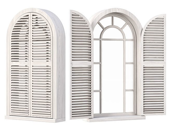 Wooden arch window with shutters V2  3D model