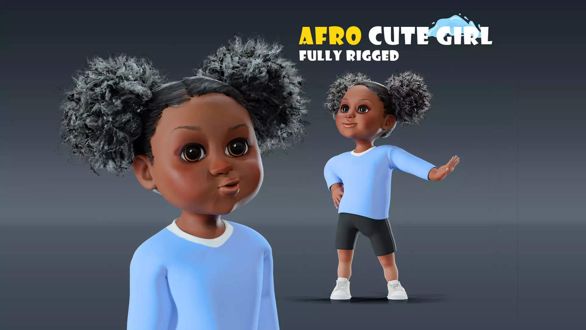 Afro Girl - Rigged cartoon character Low-poly 3D model_0