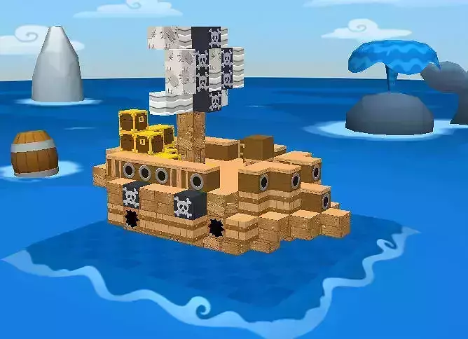 The Unsinkable pirate ship floating in ocean