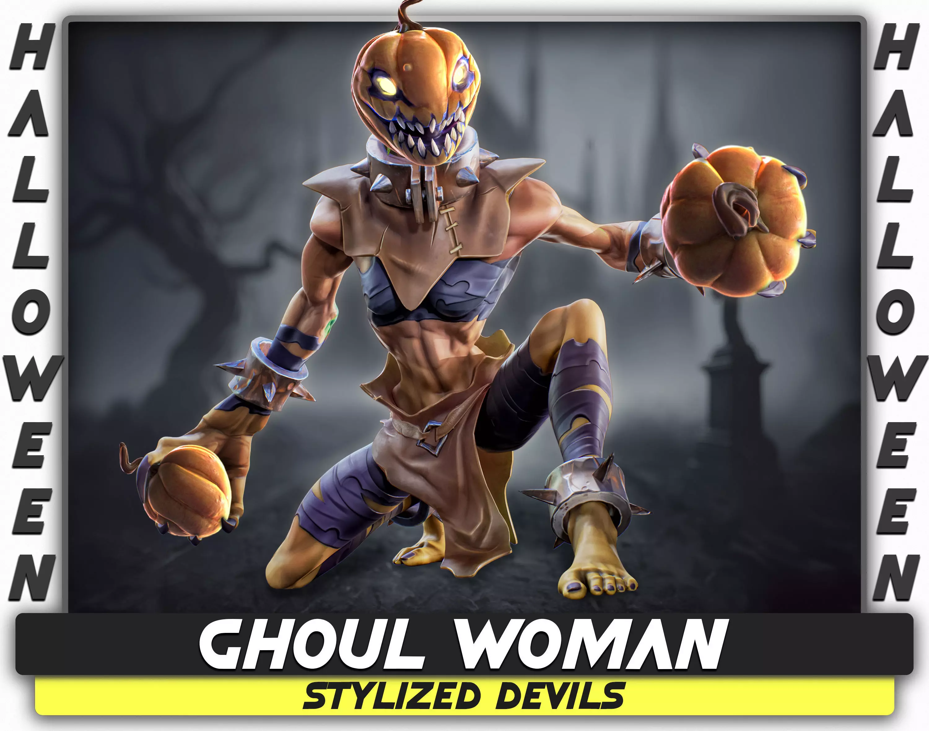 Ghoul Woman - Stylized Devils - Pumpkin Halloween Monster - 54 Low-poly 3D model_0
