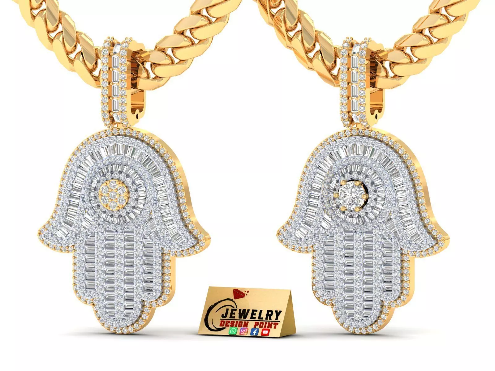 Custom Hamsa Hand Diamond Pendant - Hamsa Hand Necklace  3D print model_0