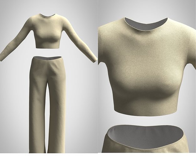 Beige Crop Top and Wide-Leg Pants Set 3D model
