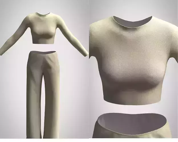 Beige Crop Top and Wide-Leg Pants Set