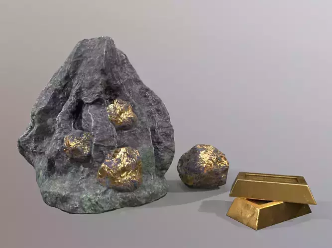 Gold ore deposit and refined ore resource Low-poly 3D model