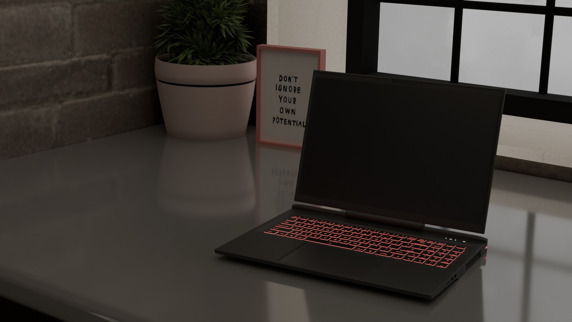 Realistic Laptop PC on office desk that glows in the dark Low-poly 3D model_1