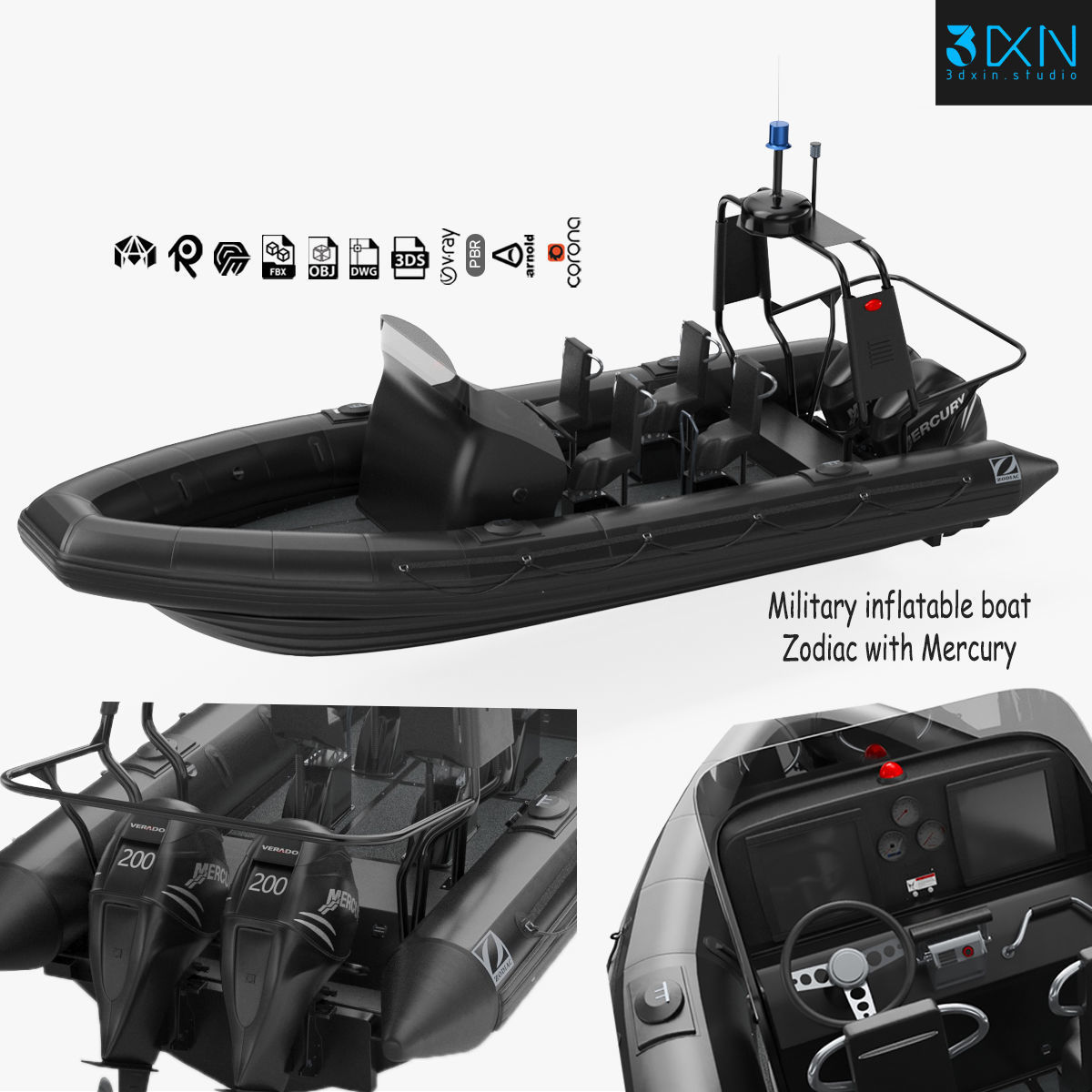Military inflatable Patrol boat Zodiac with Mercury 3D model_19