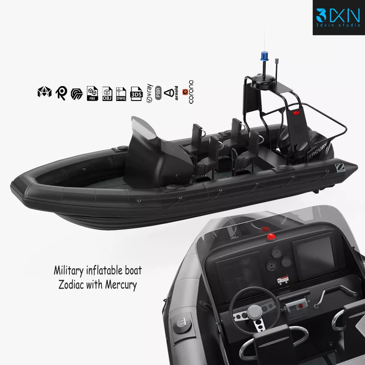 Military inflatable Patrol boat Zodiac with Mercury 3D model_0