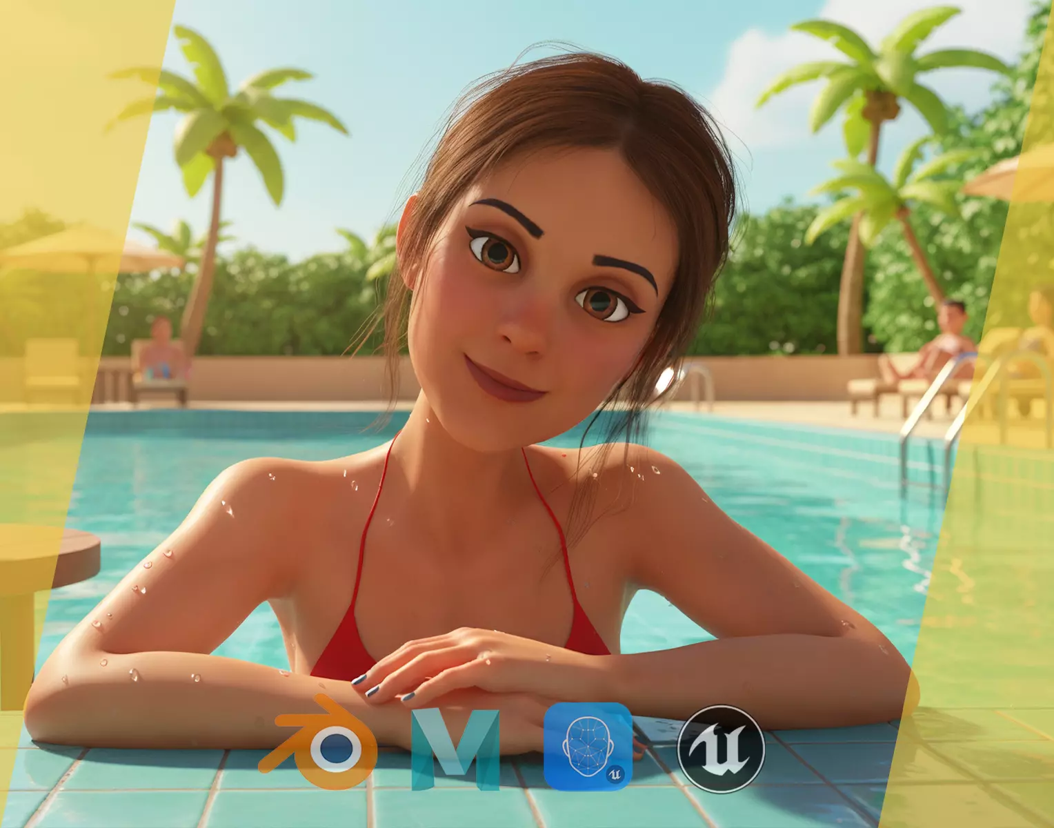 Stylized cartoon woman in bikini Low-poly 3D model_0