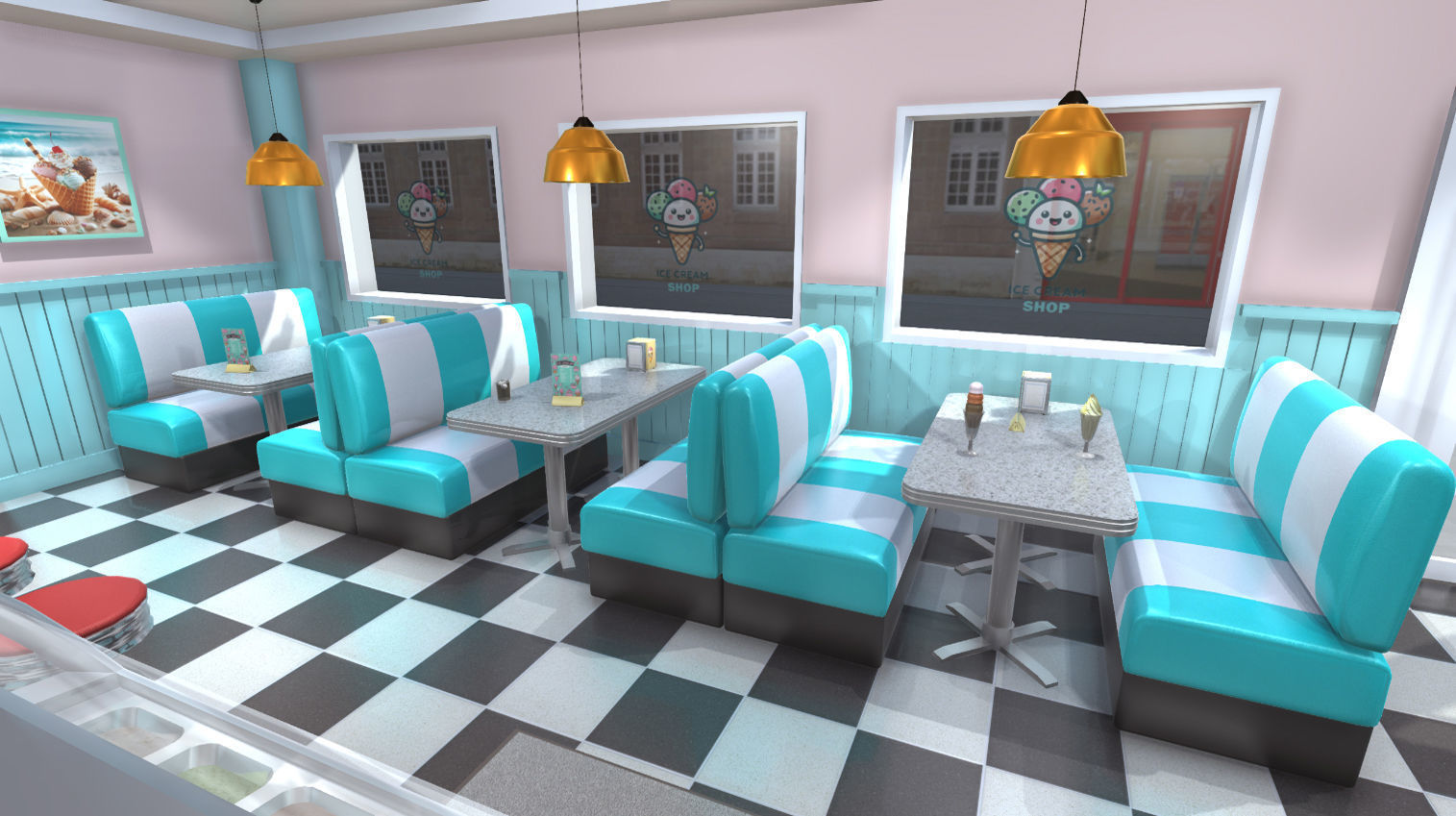 Ice cream shop interior Low-poly 3D model_4