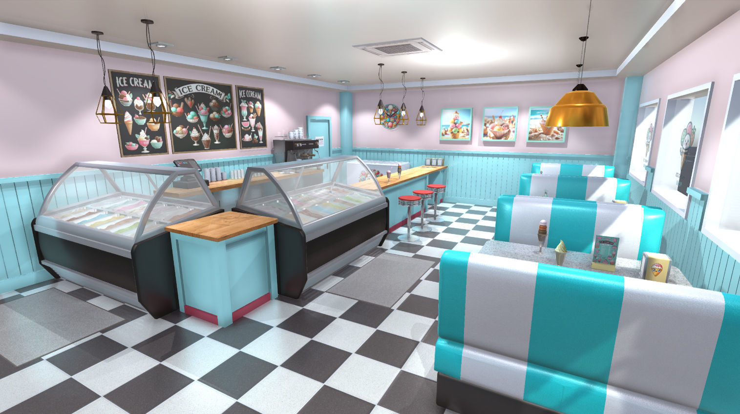 Ice cream shop interior Low-poly 3D model_1