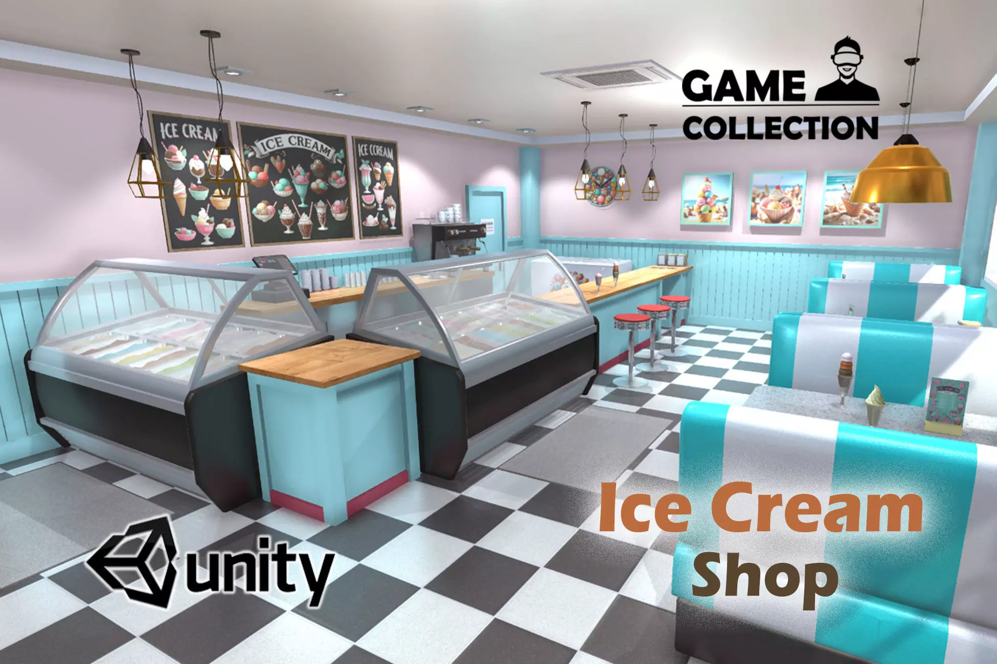 Ice cream shop interior Low-poly 3D model_0