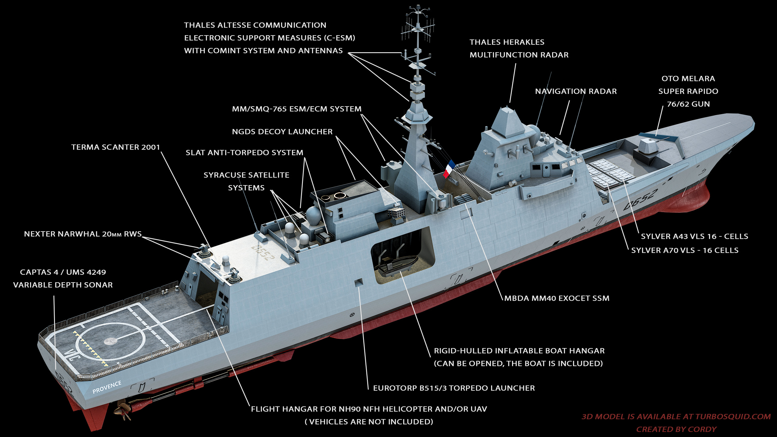 FREMM Aquitaine Class Frigate PBR Low-poly 3D model_3