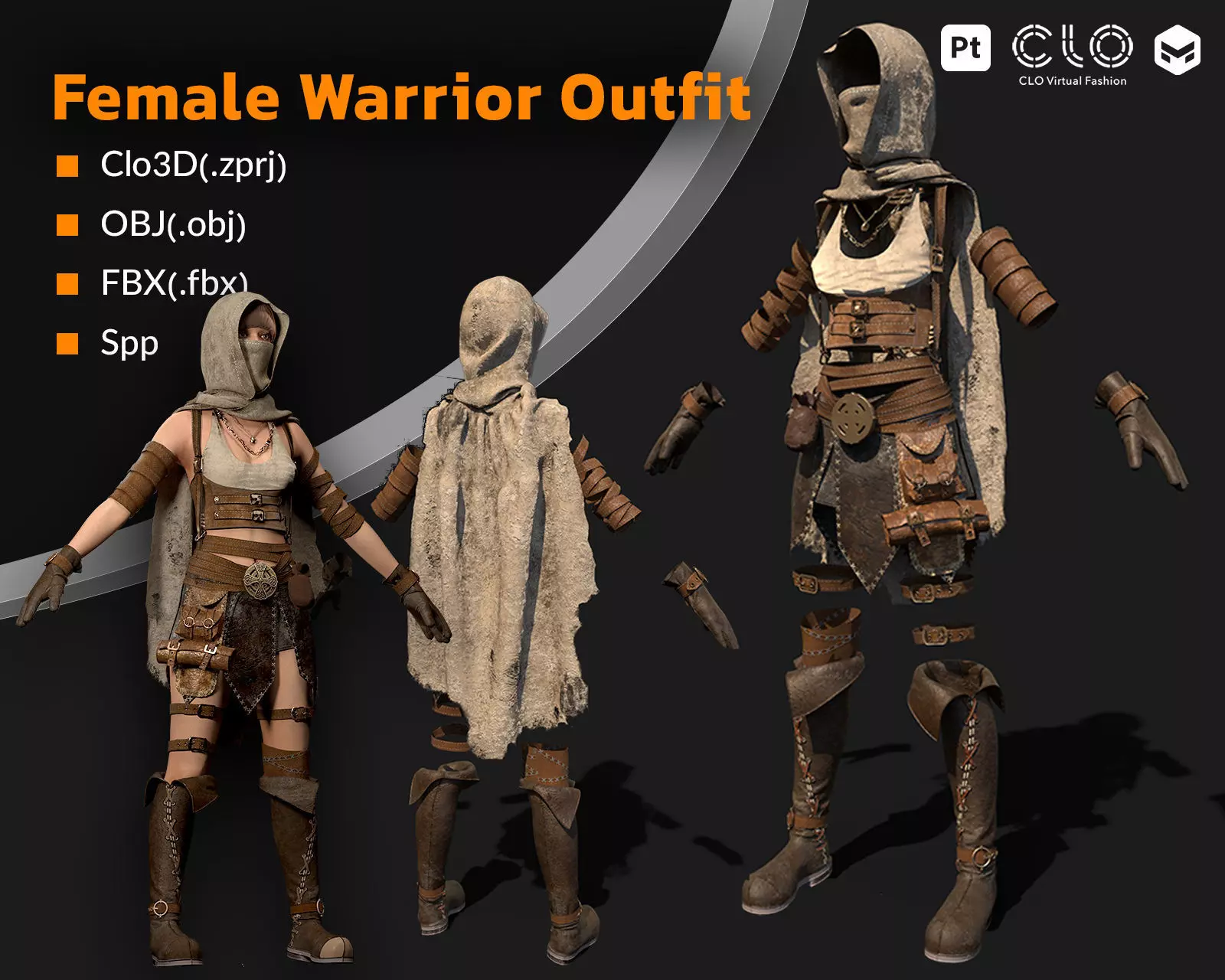 3D Female Warrior Outfit with Cape and Boots 3D model_0