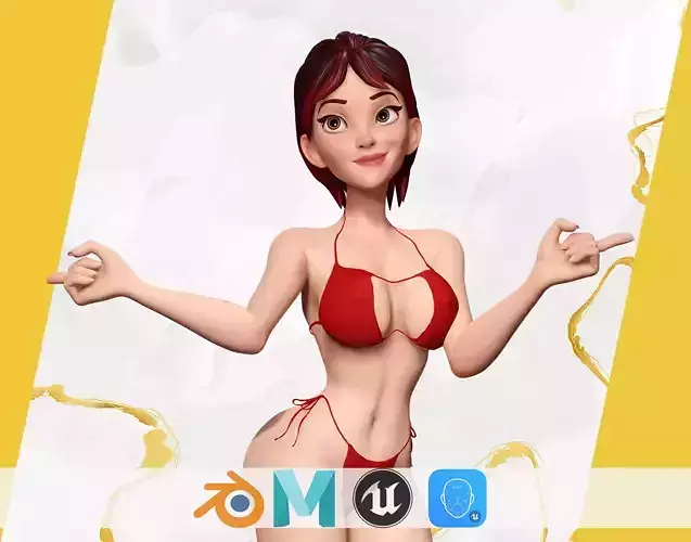 Cartoon Woman in Red Bikini girlfriend Low-poly 3D model