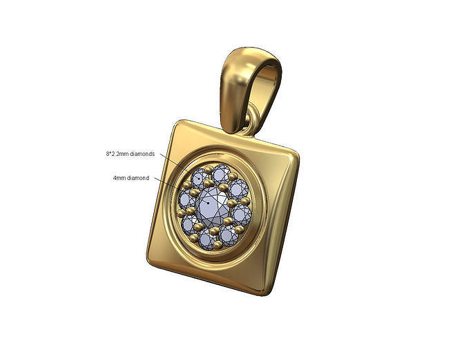 Diamond cluster square cushion pendant charm with bail 3D print model