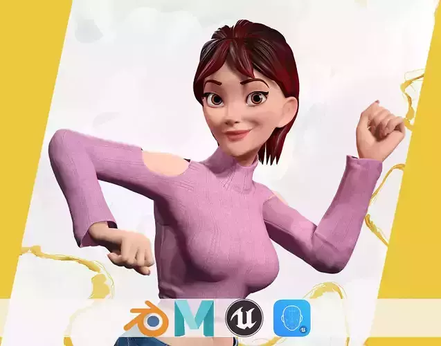 Cartoon Young Woman in Casual girlfriend Low-poly 3D model