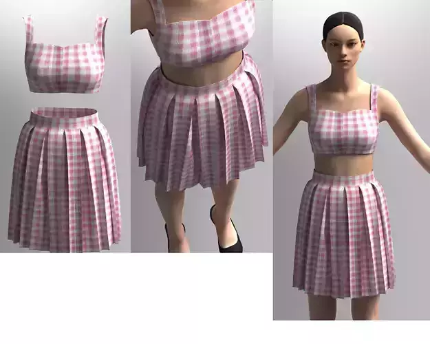 Pink Plaid Skirt and Top Set 3D model