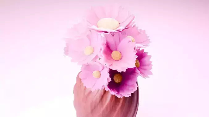 Low poly pink flowers in a wooden vase 