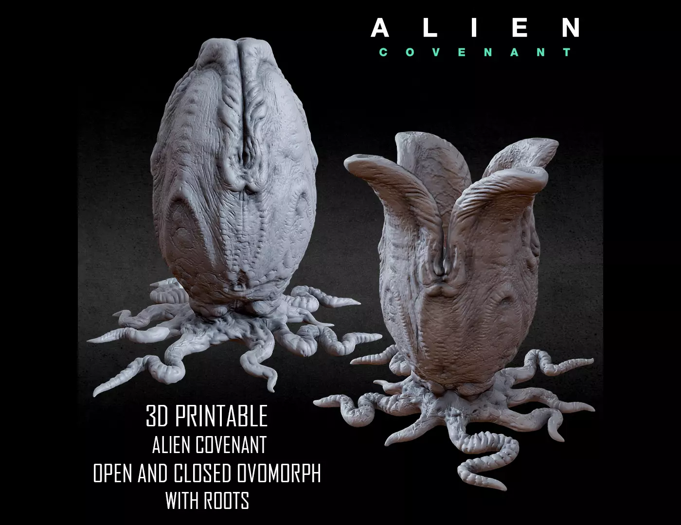 3D PRINTABLE ALIEN COVENANT OPEN AND CLOSED EGGS WITH ROOTS 3D print model_0