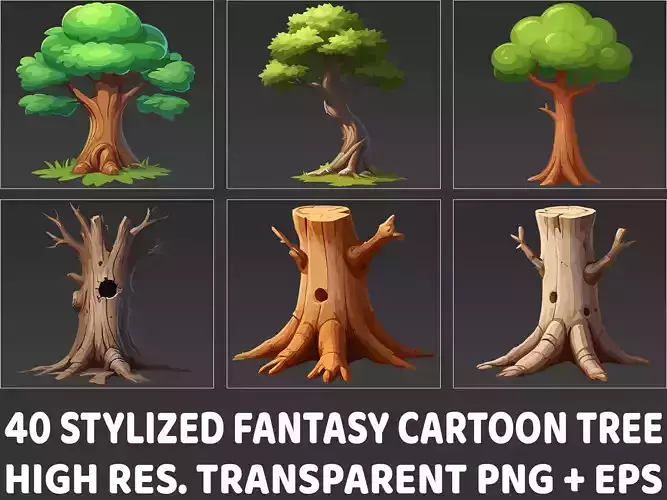 40 Stylized Fantasy Cartoon Tree PNG and EPS
