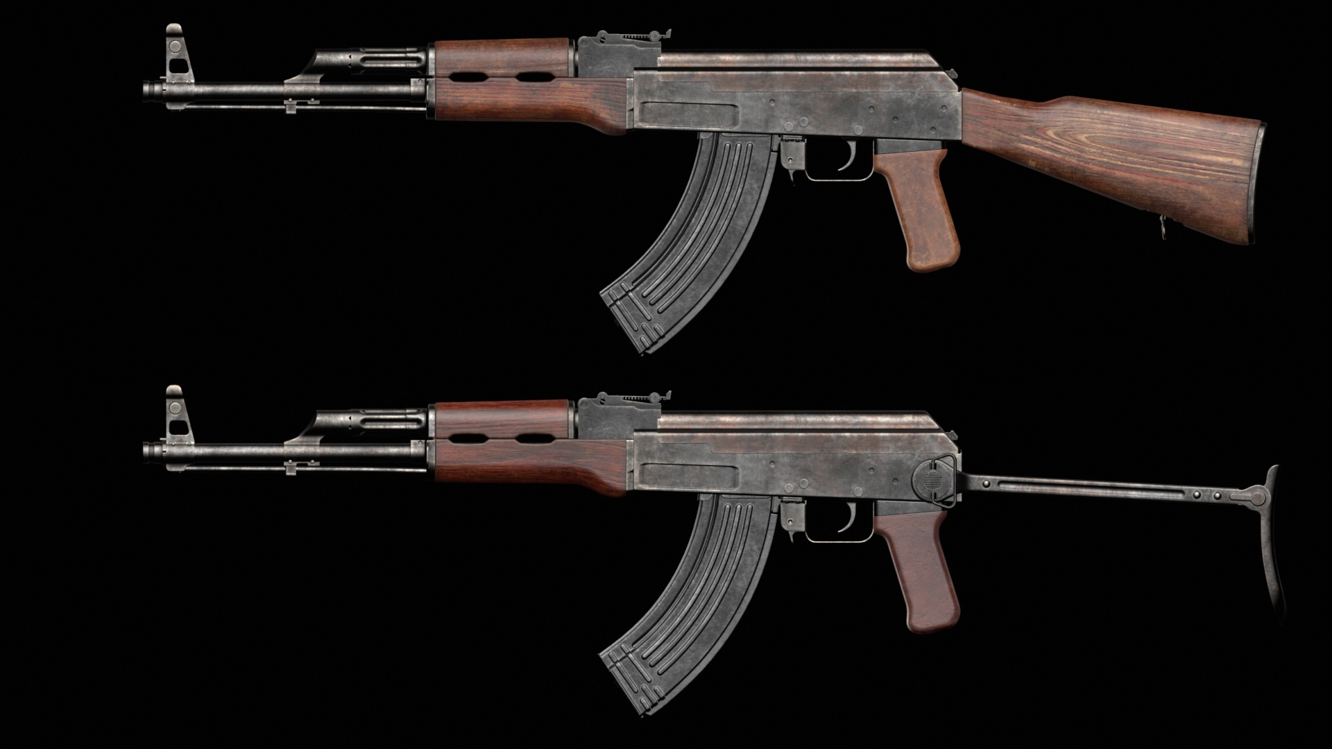 AK-47 AKS Kalashnikov Assault Rifle Game Ready Low-poly 3D model_8